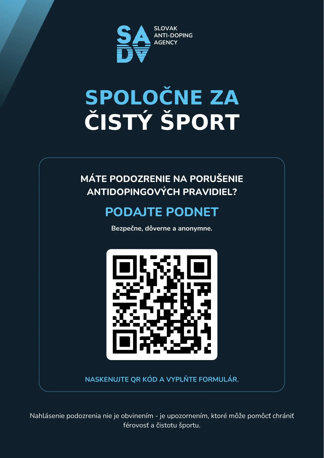 SADA – informačný leták s QR kódom na podanie antidopingového podnetu